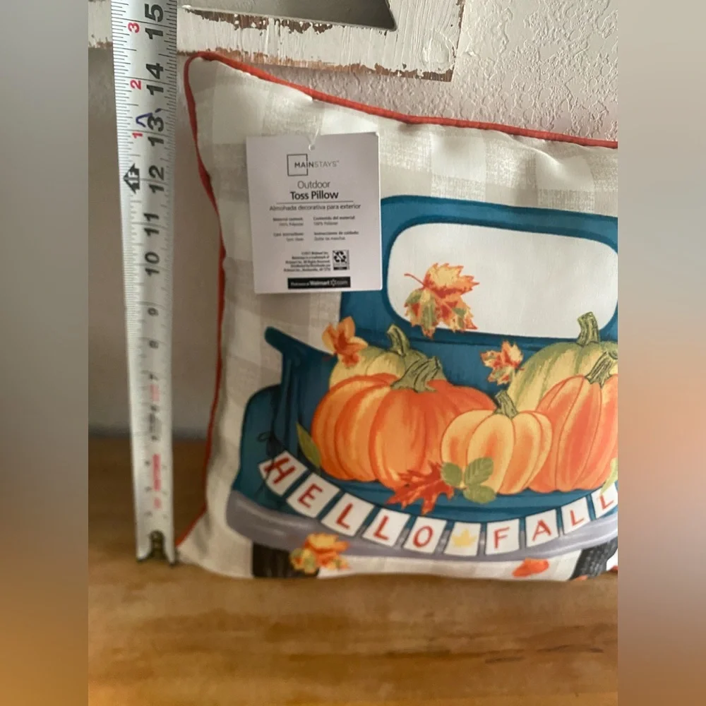 Hello Fall Farmhouse Truck Print Outdoor Toss Throw Pillow 16x16 Seasonal Decor